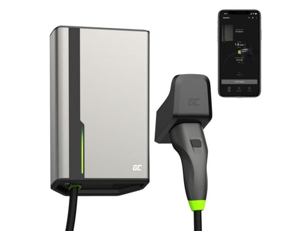 Green Cell GC HabuDen Wallbox 22kW 32A 7,5m Kabel Type 2 Smart EV Ladestasjon med GC App Bluetooth WiFi