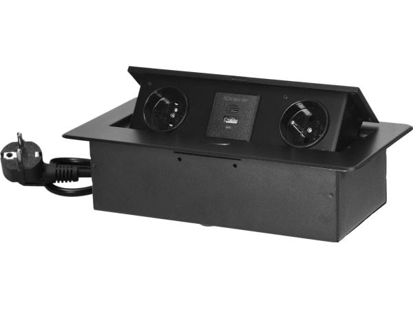 Orno uttak til benkeplate med flat freset kant og USB-lader 1,5 m kabel 2x2P+Z 2xUSB (A+C) 3,6A svart Orno uttak til benkeplate med flat freset kant og USB-lader 1,5 m kabel 2x2P+Z 2xUSB (A+C) 3,6A svart