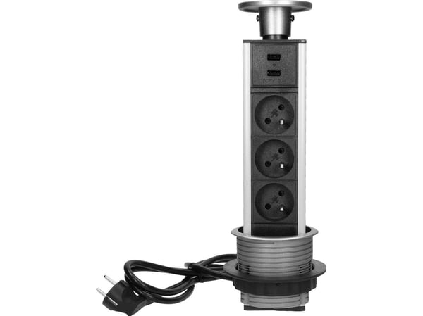Orno Lizdas uttak for benkeplate uttrekkbart ca. 8 cm med USB-lader 1,8 m kabel 3x2P+Z 2xUSB