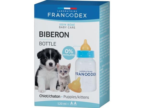 Francodex flaskmatningsflaska för valpar och kattungar 120 ml + 2 nappar