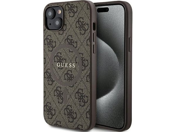Originalt GUESS frontpaneldeksel GUHMP15SG4GFRW for iPhone 15 (kompatibel med Magsafe / 4G Ring klassisk logo / Brun)