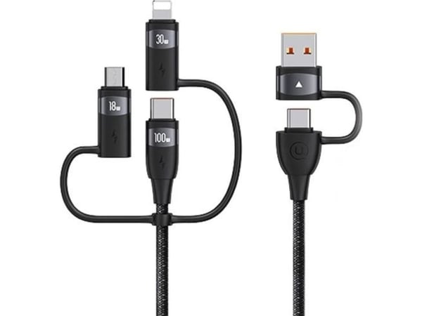 USAMS US-SJ645 1,2 m kabel 6-i-1 USB-A + USB-C til USB-C, Lightning og microUSB 100W PD hurtigladning svart