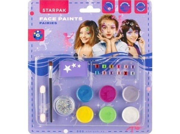 Starpak ansiktsfärger för målning 6 färger + glitter + dekorationer + tillbehör