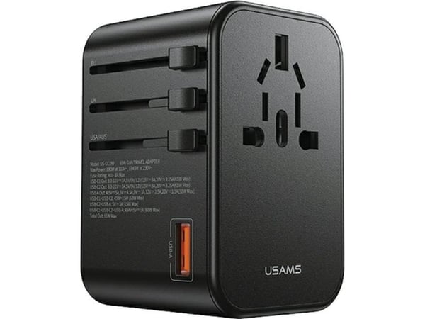 Usams USAMS Verkkosovitin 1xUSB+2xUSB-C T62 65W 4in1 US/AU/EU/UK musta/musta CC199TC01 (US-CC199) Univesal matkalaturi