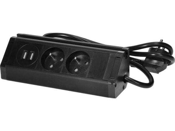 Orno dobbel dobbelt rosett med USB, telefonholder og 1,5 m kabel, 2x2P+Z, 2xUSB (Type A, 2,4A), svart