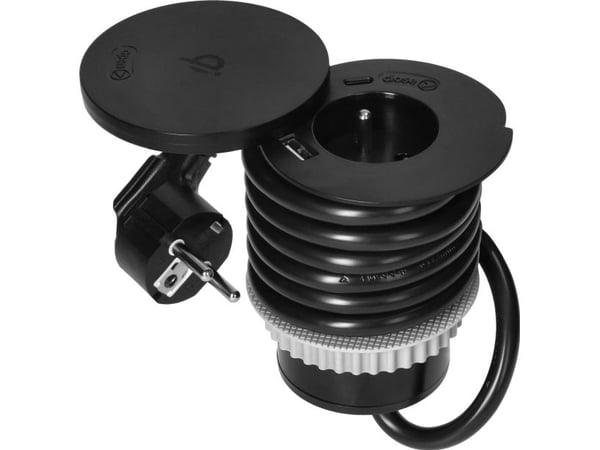 Orno Baldinis ladduttag Ø6 cm med vridbart lock, induktionsladdare, USB-laddare och 1,5 m kabel, 1x2P+Z, Qi 1.2.4 max 10W, 2xUSB (A och C) 2,4A, svart