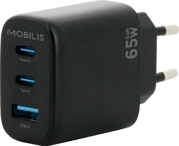 Mobilis - Strømadapter - GaN - 65 watt - PD, QC - 3 utgangskontakter (2 x USB-C, USB) - svart