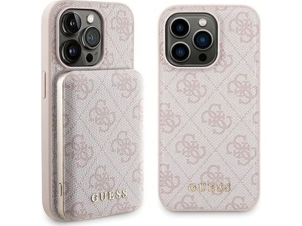 Kotelosetti Guess GUBPM5P14L4GEMGP iPhone 14 Pro 6.1" kovakotelo + Powerbank 5000mAh MagSafe pinkki/pinkki 4G metalli logo