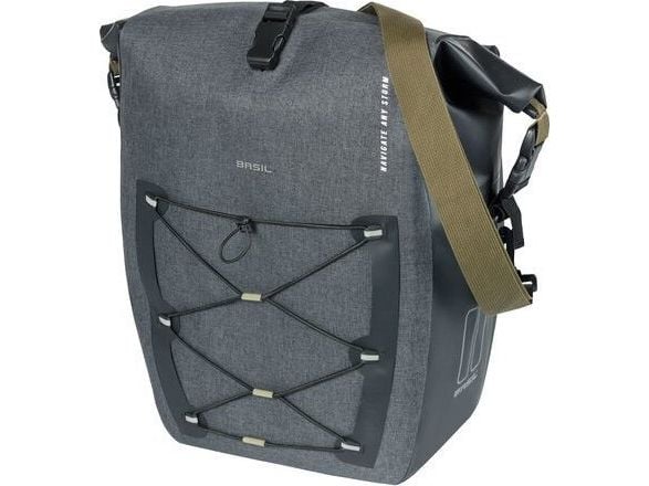 Basil enkel sykkelveske NAVIGATOR STORM SINGLE PANNIER BAG L 25-31 L, Hook On System, vanntett, grå/svart (NEW 2024)