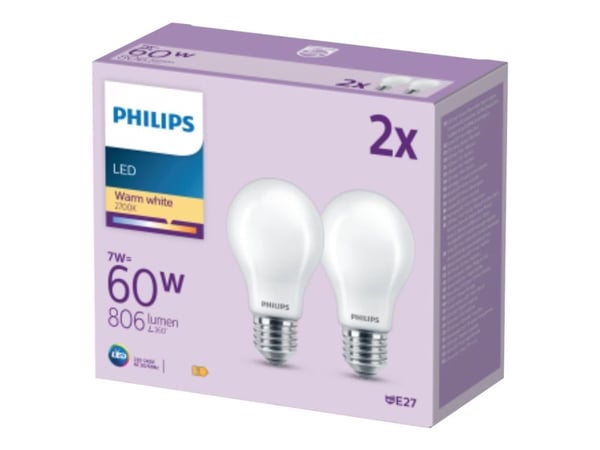 Philips Hehkulankalamppu, huurrettu 60W A60 E27 x2, 7 W, 60 W, E27, 806 lm, 15000 h, Lämmin valkoinen