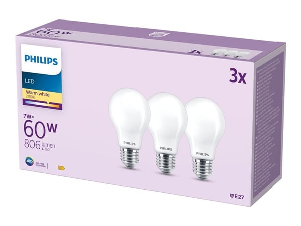 Philips LED Classic - LED-lyspære - form: A60 - mattslipt finish - E27 - 7 W (ekvivalent 60 W) - klasse E - varmt hvitt lys - 2700 K (en pakke 3)