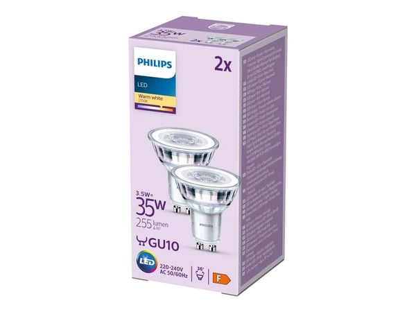 Philips - LED-pære for søkelys - klar finish - GU10 - 3.5 W (ekvivalent 35 W) - klasse F - varmt hvitt lys - 2700 K