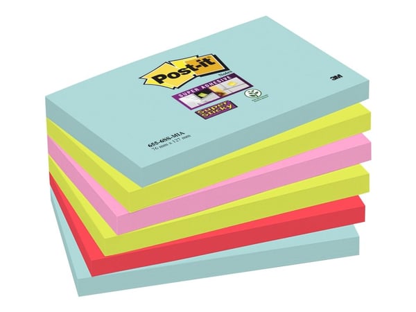 Post-it Super Sticky 6556SMI - Noter - 127 x 76 mm - 540 ark (6 x 90) - turkis, neongrønn, neonrosa, valmuerød