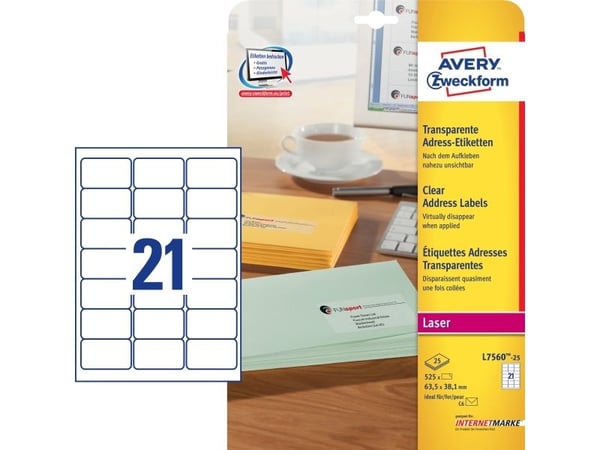 Etiketter Avery L7560 transparent 63,5x38,1 mm med 21 etiketter pr./ark (æske á 25 ark)