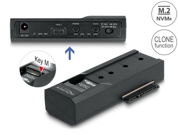 Delock USB Type-C-muunnin 1 x M.2 NVMe SSD + 1 x SATA SSD / HDD kloonitoiminnolla varustettuna