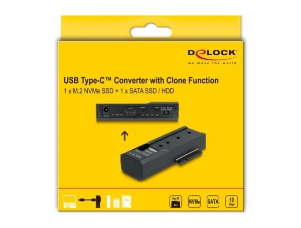 Delock USB Type-C-muunnin 1 x M.2 NVMe SSD + 1 x SATA SSD / HDD kloonitoiminnolla varustettuna