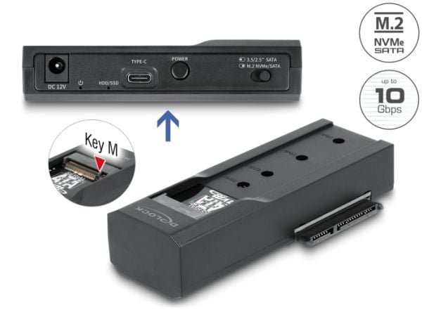 Delock USB Type-C-muunnin 1 x M.2 SSD:lle tai 1 x SATA SSD:lle / kiintolevylle