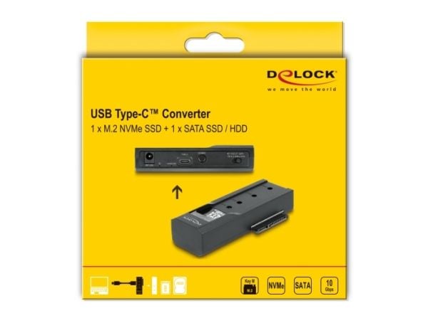 Delock USB Type-C-muunnin 1 x M.2 SSD:lle tai 1 x SATA SSD:lle / kiintolevylle