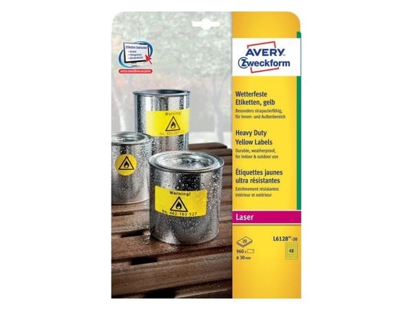 Avery Zweckform L6128-20, Gult, Sirkel, A4, Polyester, Laser, -20 - 80 °C