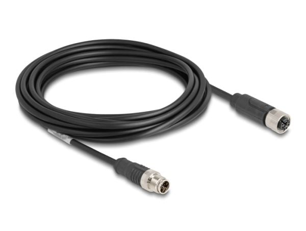 Delock - Nettverksforlengelseskabel - 8-pins M12 (hann) til 8-pins M12 (hunn) - 5 m - 6 mm - S/FTP - CAT 5e - X-kodet - svart