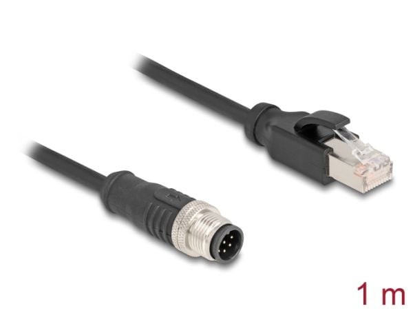 Delock - Nettverkskabel - 8 pin M12-A (hann) til RJ-45 (hann) - 1 m - 6 mm - S/FTP - CAT 5e - uten hindringer - svart