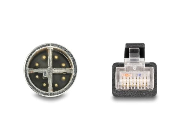 Delock - Nettverkskabel - 8 pin M12-X (hann) til RJ-45 (hann) - 1 m - 6 mm - S/FTP - CAT 5e - uten hindringer - svart