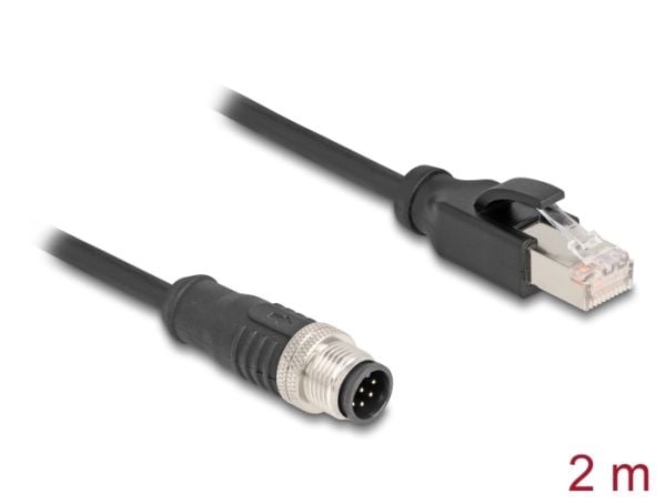 Delock - Nettverkskabel - 8-pins M12 (hann) til RJ-45 (hann) - 2 m - 6 mm - S/FTP - CAT 5e - uten hindringer - svart