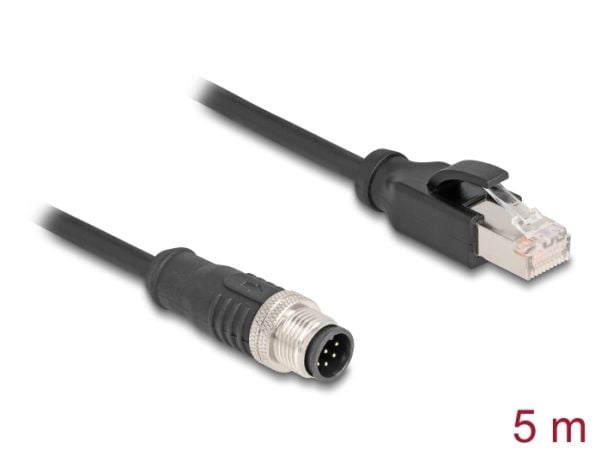 Delock - Nettverkskabel - 8-pins M12 (hann) til RJ-45 (hann) - 5 m - 6 mm - S/FTP - CAT 5e - med støvel, uten hindringer, A-kodet - svart