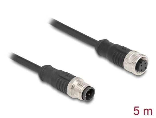 Delock - Nettverksforlengelseskabel - 4 pin M12-D (hann) til 4 pin M12-D (hunn) - 5 m - 5 mm - S/FTP - CAT 5e - svart