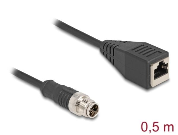 Delock - Nettverkskabel - 8-pins M12 (hann) til RJ-45 (hunn) - 50 cm - 6 mm - S/FTP - CAT 5e - X-kodet - svart