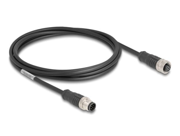 Delock - Nettverksforlengelseskabel - 8-pins M12 (hann) til 8-pins M12 (hunn) - 2 m - 6 mm - S/FTP - CAT 5e - A-kodet - svart