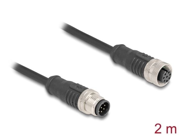 Delock - Nettverksforlengelseskabel - 8-pins M12 (hann) til 8-pins M12 (hunn) - 2 m - 6 mm - S/FTP - CAT 5e - A-kodet - svart