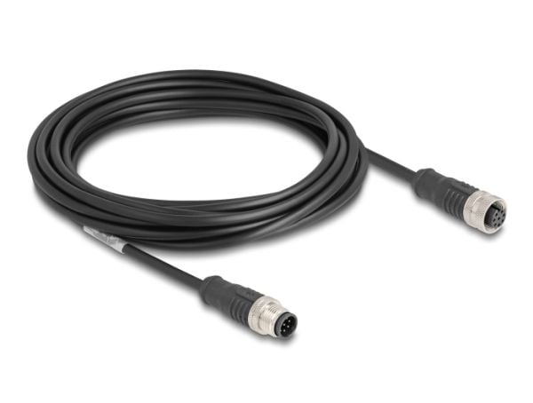 Delock - Nettverksforlengelseskabel - 8 pin M12-A (hann) til 8 pin M12-A (hunn) - 5 m - 6 mm - S/FTP - CAT 5e - svart