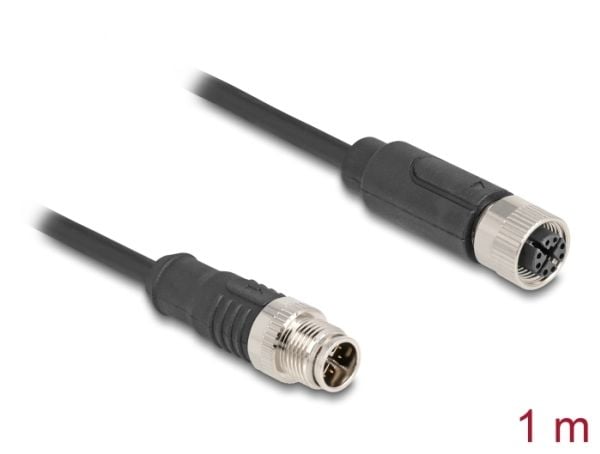 Delock - Nettverksforlengelseskabel - 8 pin M12-X (hann) til 8 pin M12-X (hunn) - 1 m - 6 mm - S/FTP - CAT 5e - svart