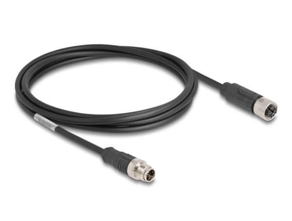 Delock - Nettverkskabel - 8 pin M12-X (hann) til 8 pin M12-X (hunn) - 2 m - 6 mm - S/FTP - CAT 5e - svart