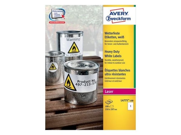 Avery L4775-100, Valkoinen, Pyöristetty suorakulmio, Kiinteä, A4, Polyesteri, Matta