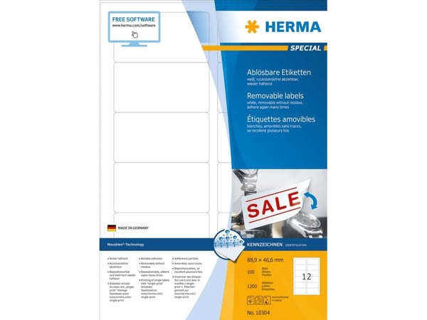 HERMA Special - Papir - matt - fjernbart selv-adhesiv - hvit - 88.9 x 46.6 mm 1200 etikett(er) (100 ark x 12) merkelapper