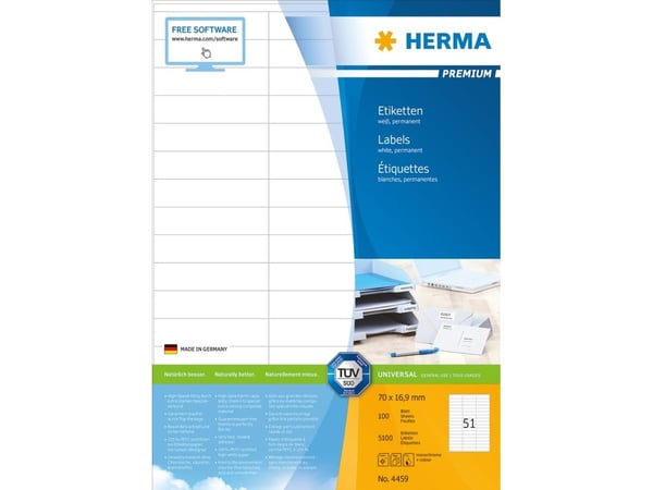 HERMA Premium - Papir - matt - permanent selv-adhesiv - hvit - 70 x 16.9 mm 5100 etikett(er) (100 ark x 51) laminerte etiketter