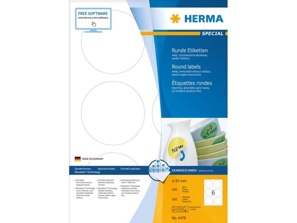 HERMA Special - Papir - matt - fjernbart selv-adhesiv - hvit - 85 mm rund 600 etikett(er) (100 ark x 6) merkelapper