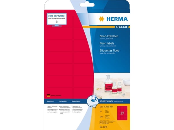 HERMA 5045, Punainen, Itse kiinnittyvä tulostintarra, A4, Paperi, Laser/Inkjet, Kiinteä