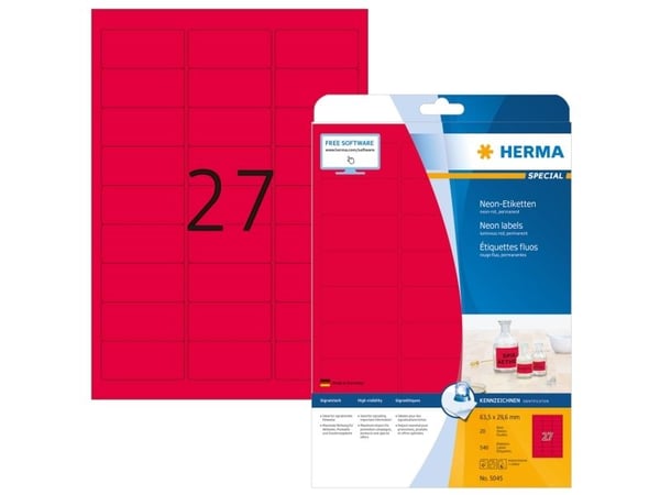 HERMA 5045, Punainen, Itse kiinnittyvä tulostintarra, A4, Paperi, Laser/Inkjet, Kiinteä