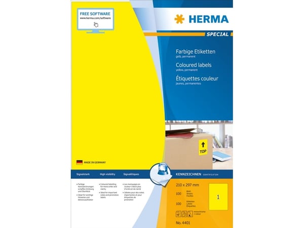 HERMA Spesial - Papir - matt - permanent selvklebende - gul - A4 (210 x 297 mm) 100 etikett(er) (100 ark x 1) etiketter