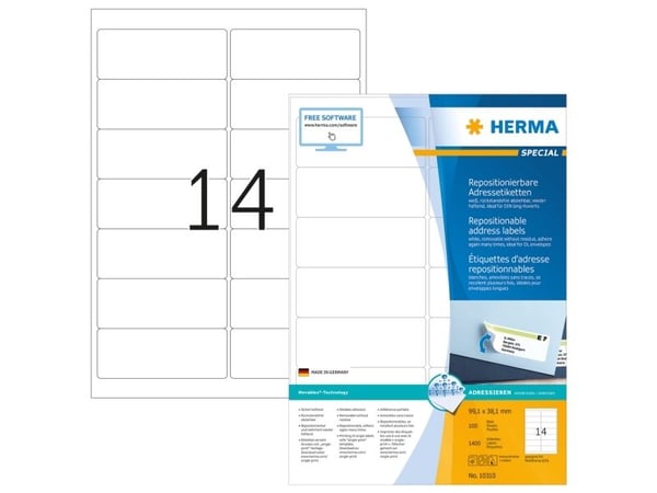 HERMA Special - Papir - matt - flyttbart selv-adhesiv - hvit - 99.1 x 38.1 mm 1400 etikett(er) (100 ark x 14 adresselapper
