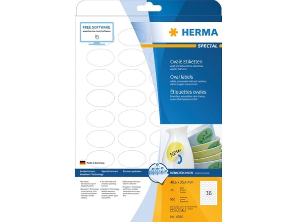 HERMA Special - Papir - matt - fjernbart selv-adhesiv - hvit - 40,6 x 25,4 mm (oval) 900 etikett(er) (25 ark x 36) merkelapper