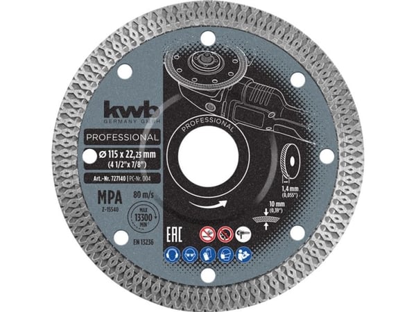 kwb 727540, Kutteskive, Keramisk, Marmor, Porselen, Flis, 12,5 cm, Flatt senter, 2,22 cm, 1,4 mm