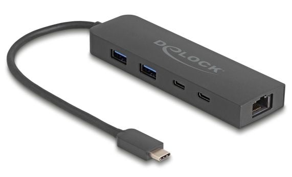 Delock - Hub - 1 x USB-C 3.2 Gen 2 + 1 x 100/1000/2.5G + 1 x USB-C 3.2 Gen 2 (strømlevering) + 2 x USB 3.2 Gen 2 - stasjonær