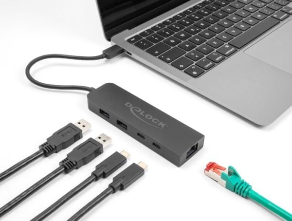 Delock - Hub - 1 x USB-C 3.2 Gen 2 + 1 x 100/1000/2.5G + 1 x USB-C 3.2 Gen 2 (strømlevering) + 2 x USB 3.2 Gen 2 - stasjonær