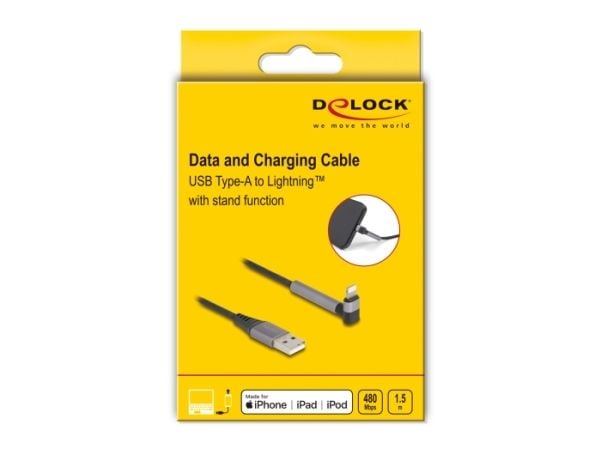 Delock - Lightning-kabel - USB hann rett til Lightning hann vinklet, stativ - 1.5 m - svart/grå - lade og synkronisere