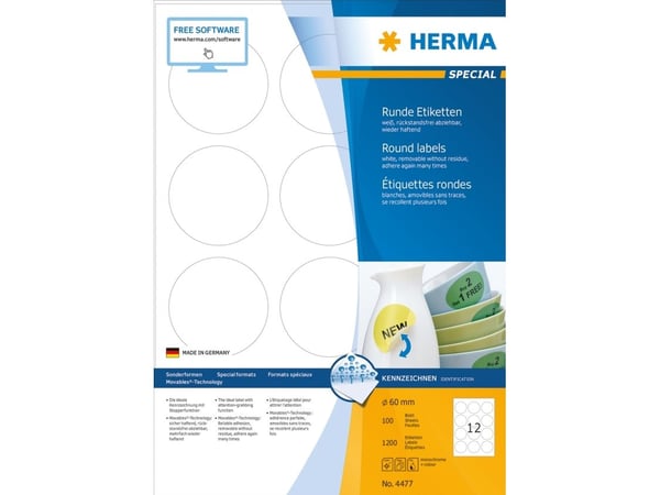 HERMA Special - Papir - matt - fjernbart selv-adhesiv - hvit - 60 mm rund 1200 etikett(er) (100 ark x 12) merkelapper