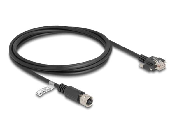 Delock - Nettverkskabel - 4 pin M12-D (hunn) til RJ-45 (hann) skrubar - 2 m - 6.8 mm - FTP - CAT 5e - formstøpt, flertrådet - svart